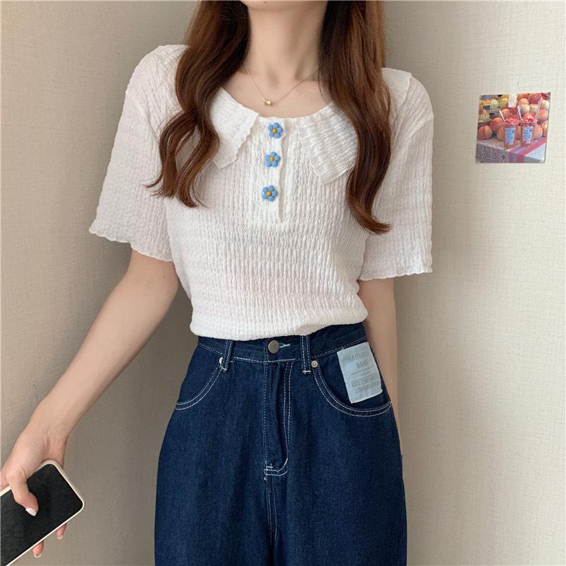 

Трикотажная рубашка с короткими рукавами и цветочным принтом, плиссированная летняя кукольная сорочка, короткие белые топы, женская повседневная летняя базовая модель, комфорт и стиль, облегающие свитера, футболки One Size белый