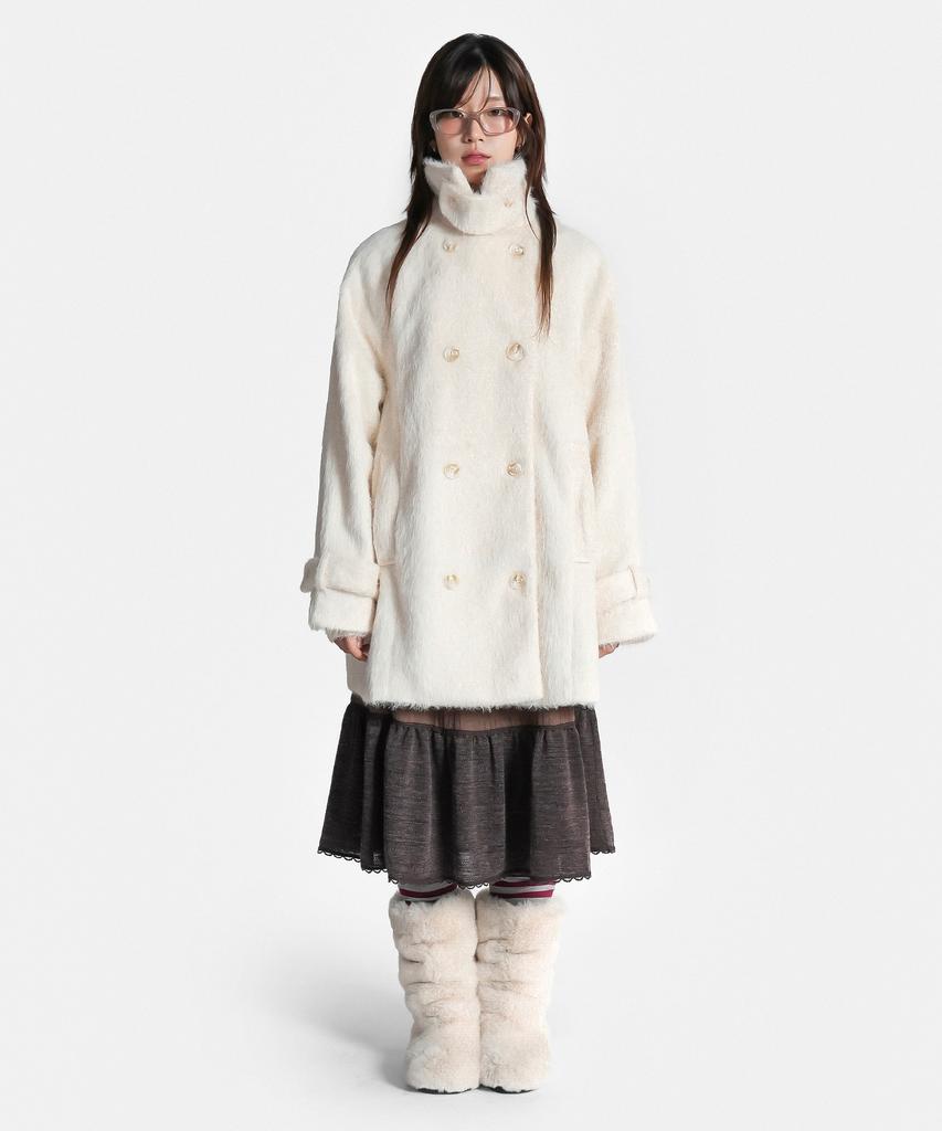 JIDOTEU High Neck Double Fur Coat Ivory