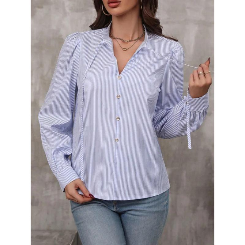 Women V-Neck Button Down Long Sleeve Top Solid Color Striped Shirt Office Lady Work Clothes