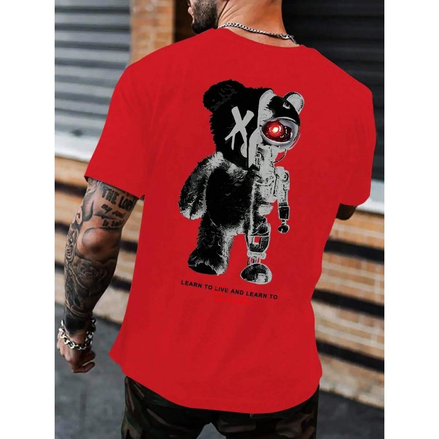 Bomull Halv en teddybjørn, halv en robotbjørn trykt herre-t-skjorte avslappet bomull sommerklær pustende topper løs mote t-skjorte