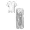 Unisex Kids Dance Costume Short Sleeve Round Neck Metallic Shiny T Shirt Performance Pants Set