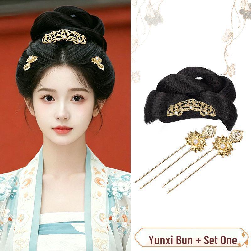 Ancient Style Hanfu Wig Bun with Full Hair Strand Updo Hairstyle Headwear Set