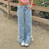 Women's Side Striped Bow Tie Jeans Boyfriend Low Rise Baggy Denim Pants Casual Straight