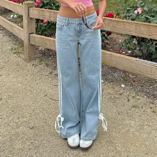 Women's Side Striped Bow Tie Jeans Boyfriend Low Rise Baggy Denim Pants Casual Straight