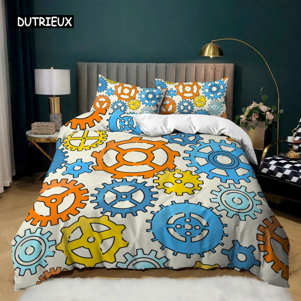 Gear Duvet Cover Set Colorful Gear Mechanical Device Bedding Set for Kids Boys Men Queen King Size Chic Microfiber Quilt Cover