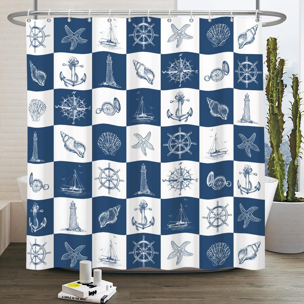Marine Life  Shower Curtain Turtle Shells Starfish Anchor Ocean Style With Hooks Bathroom Decor Curtain Waterproof Sea Theme