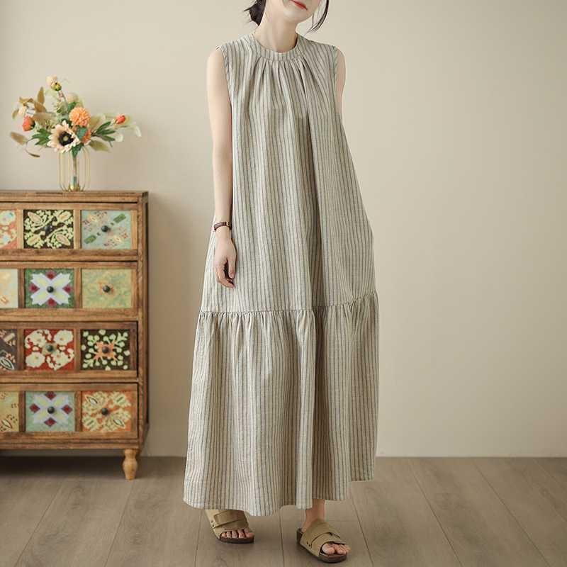Yarn-dyed Cotton and Linen Cotton Vertical Strips Back Collar Slit Small Neckline Fishtail Pendulum