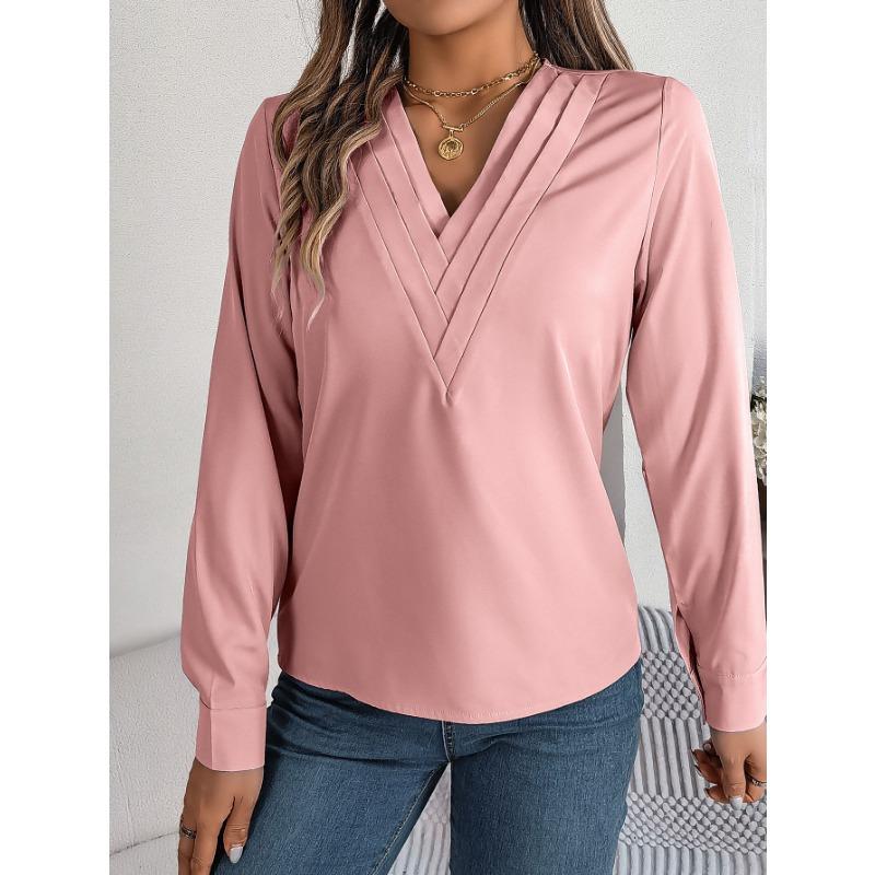 Women's Fall and Winter Elegant Solid Color Layered V-neck Long-sleeved Shirt