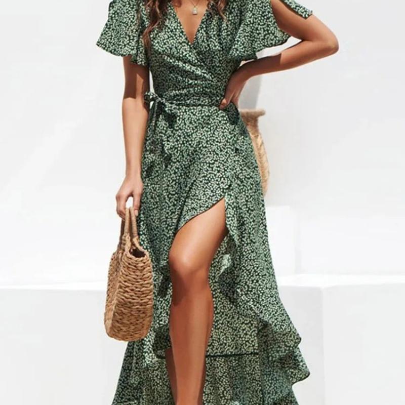 Summer Beach Maxi Dress Women Floral Print Boho Long Chiffon Dress Ruffles Wrap Casual V-Neck Split Sexy Party Dress Robe Femme