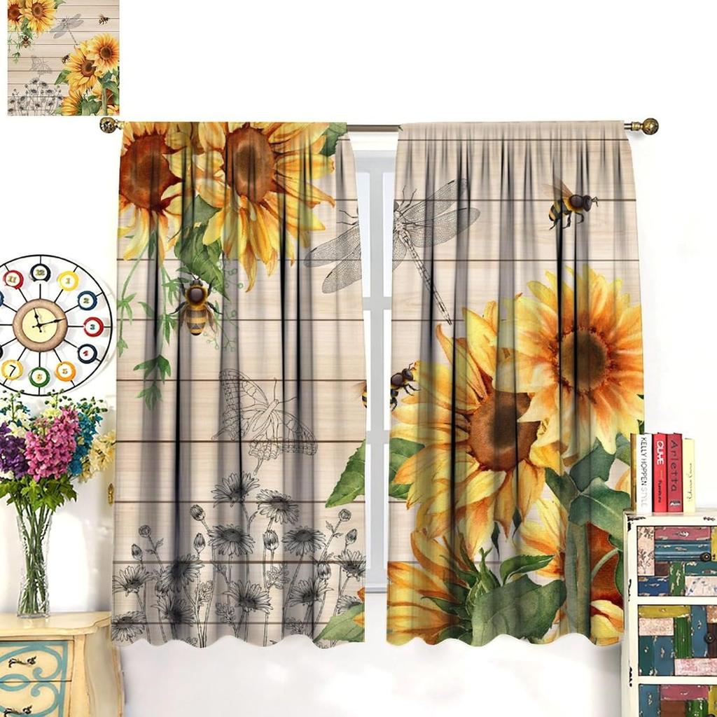 Farmhouse Sunflower Curtains Country Vintage Floral Wooden Board Art Printed Window Drapes Bedroom Kitchen Decor Room Darkening Polyester Master