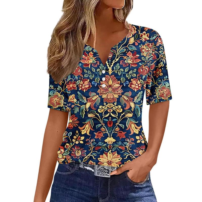 Summer Fashion 2026 New Women's Clothing 3D Butterfly Print V-Neck Three-Button Short Sleeve T-Shirt