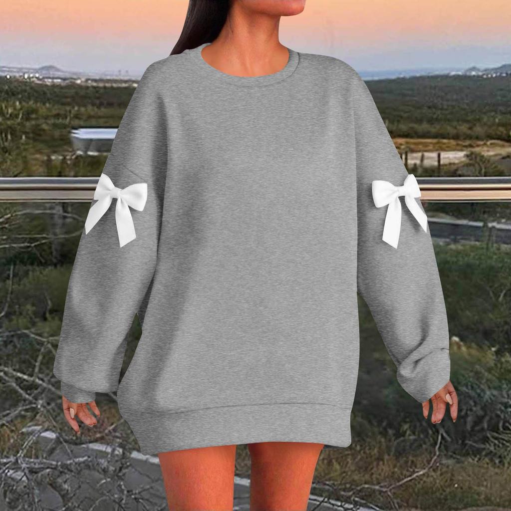Women's Solid Color Bow Round Neck Long Sleeved Loose Pullover Sweater Sweatshirt