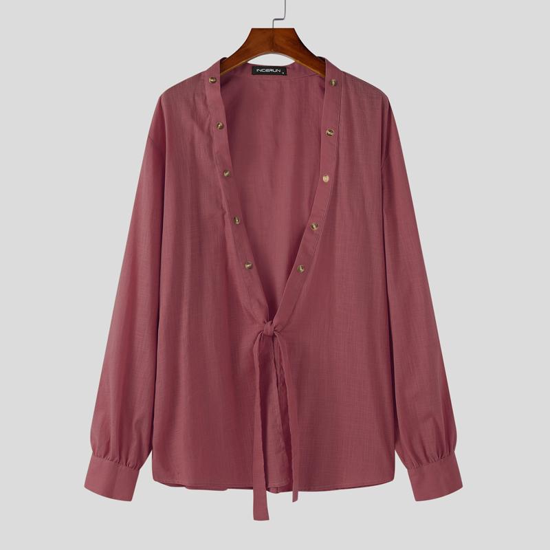 

INCERUN Men Deep V Nevk Long Sleeve Front Twisted Casual Loose Shirts 5XL вина червоного кольору