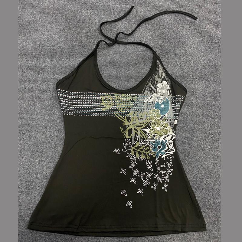 Europäisches und amerikanisches Y2K-Muster bedrucktes Träger-Halterneck-Sexy-Street-Top