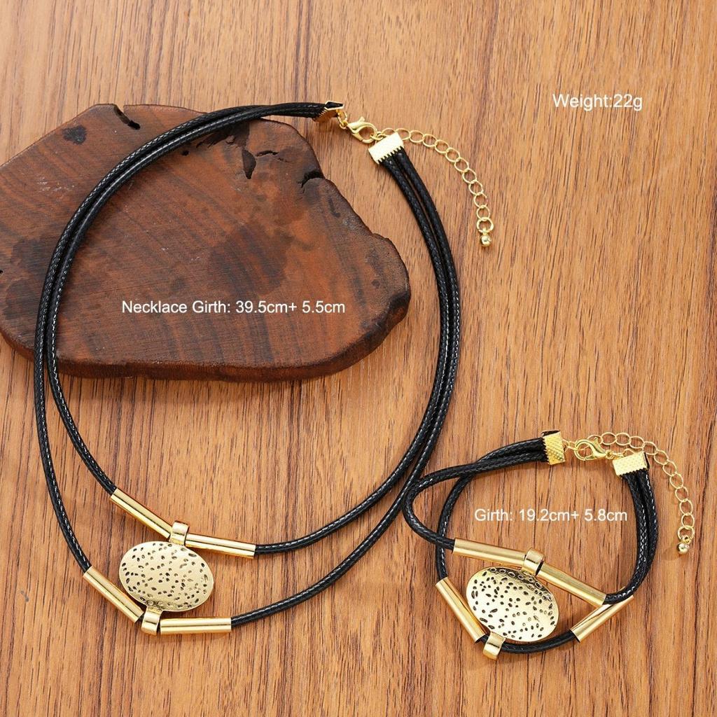 Módní oválný kovový set náhrdelníku a náramku pro ženy, vintage zlatá stříbrná barva, 2 ks/sada, řetízek s dvojitou vrstvou z umělé kůže, šperky