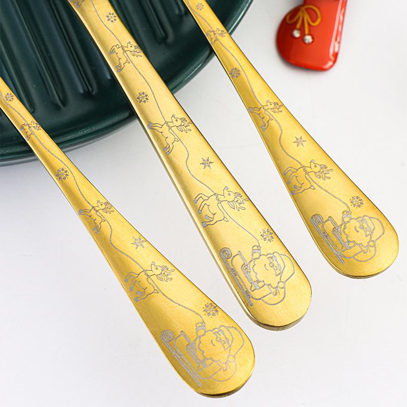 4pcs Stainless Steel Knife and Fork Spoon Set Christmas Elements Laser Handle for Home Picnic DIY Restaurant Gift