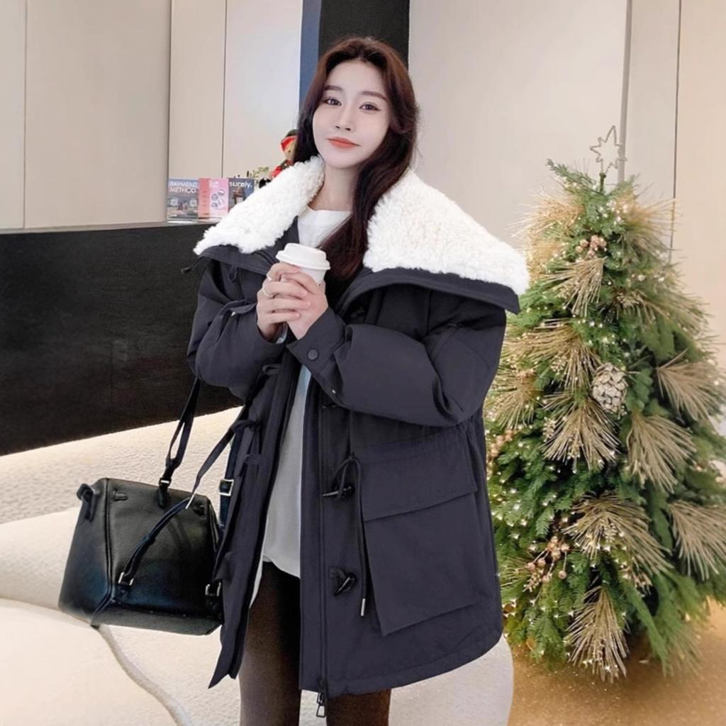 Lamb Wool Lapel Horn Button Workwear Cotton Coat Women's Mid-length Winter New Thickened Parka Cotton Coat