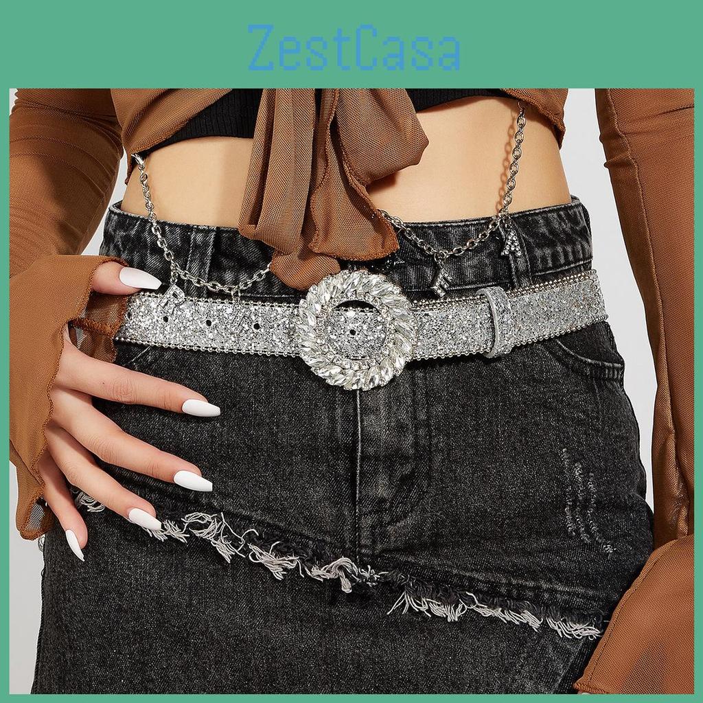 Trendy Wide Waist Belt With Circular Rhinestone Buckle European American Style