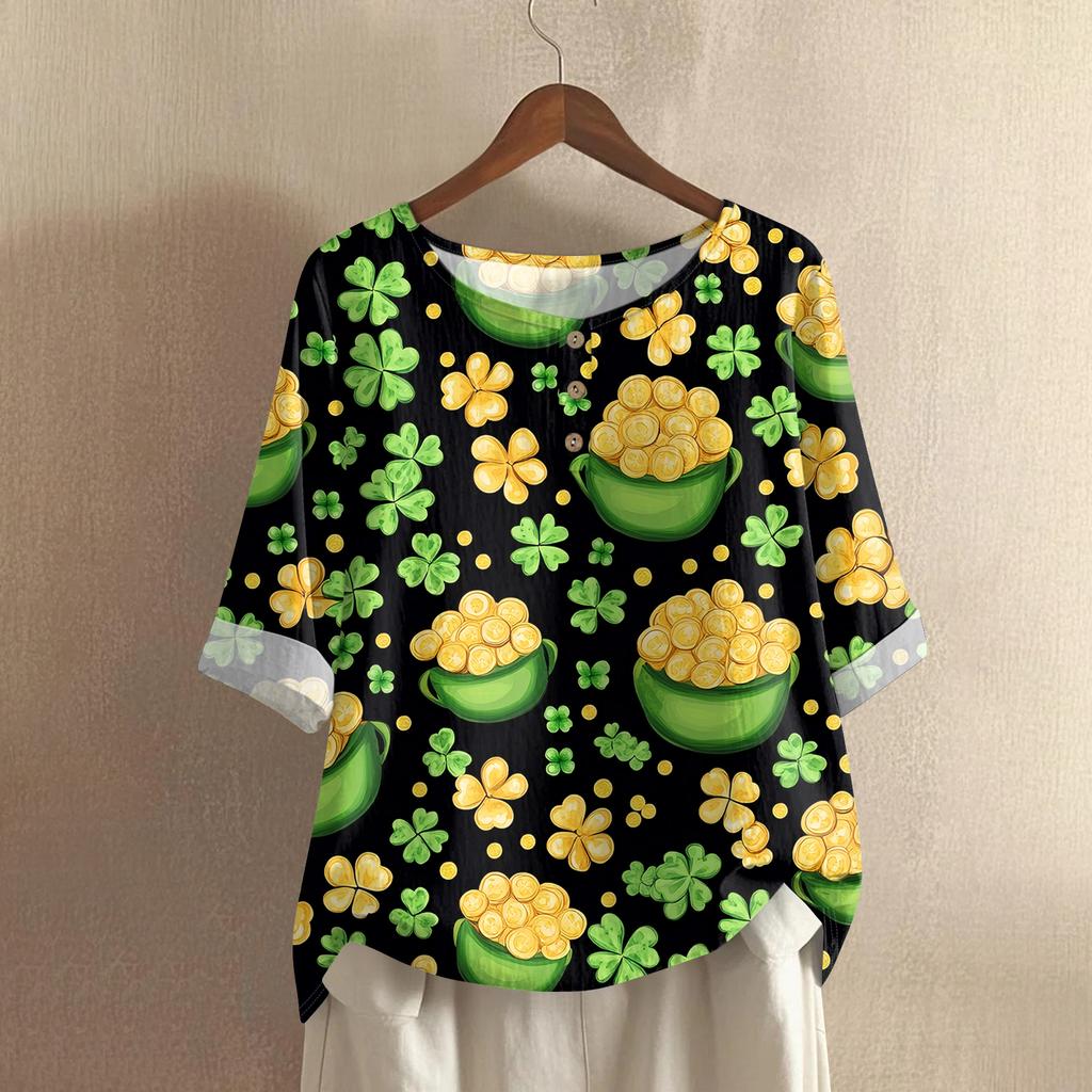 Women's Casual Mid-Sleeve Round Neck St. Patrick's Day Print Cotton-Linen Blend Top