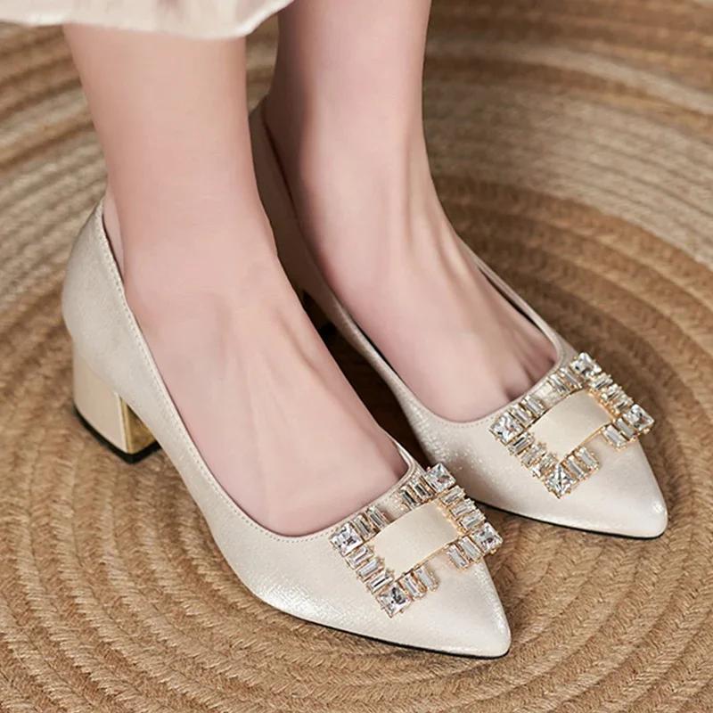 Fashion Luxury Square Rhinestone Women's Wedding Shoes Spring Silk Pointed Toe Pumps Woman Party Dress Shoes Thick High Heels