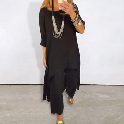 2 Pcs/Set Women Top Pants Set Solid Color O Neck Long Sleeve Mid Length Irregular Hem
