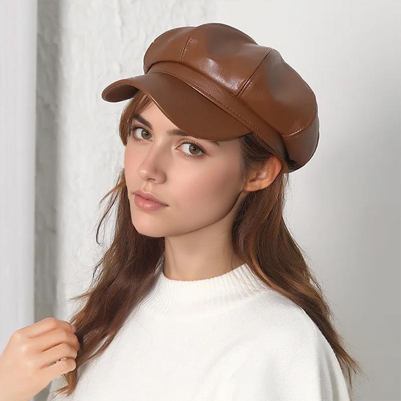 1PC PU Leather Winter Fall Peaked Caps Adjustable Painter Hat New Berets Women Hat Solid Color Beret Octagon Slimming Face