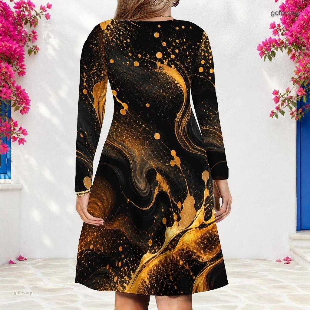 Women Plus Size V Neck Long Sleeve Tie Dye Printed A Line Dress
