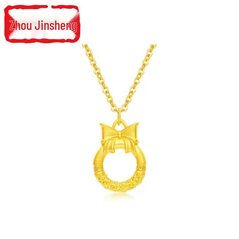 5D Pure Gold Butterfly Bow Knot Auspicious Clouds Qiankun Cudgel Princess Peace Buckle Necklace