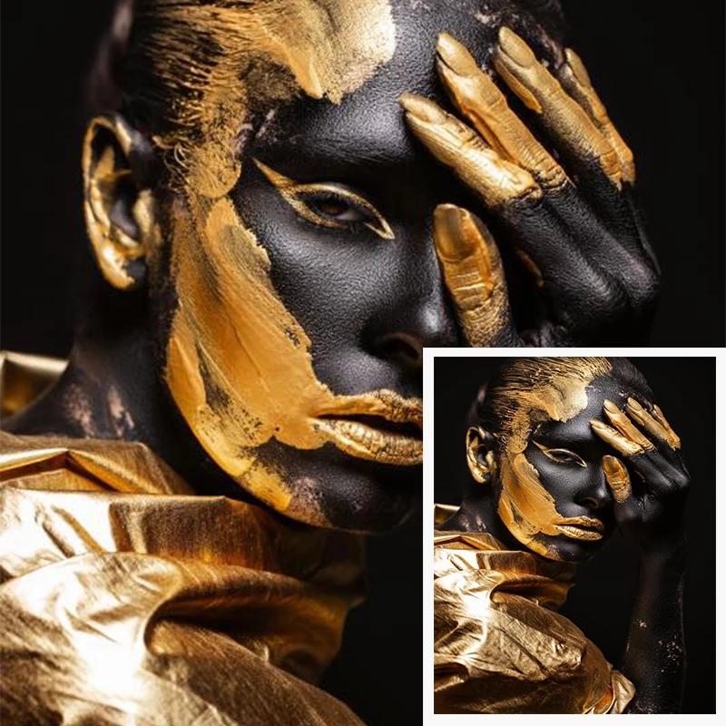 African Golden Beauty Girls Canvas Painting Black Girls Make Up Posters and Prints Wall Art Picture for Living Room Decoration