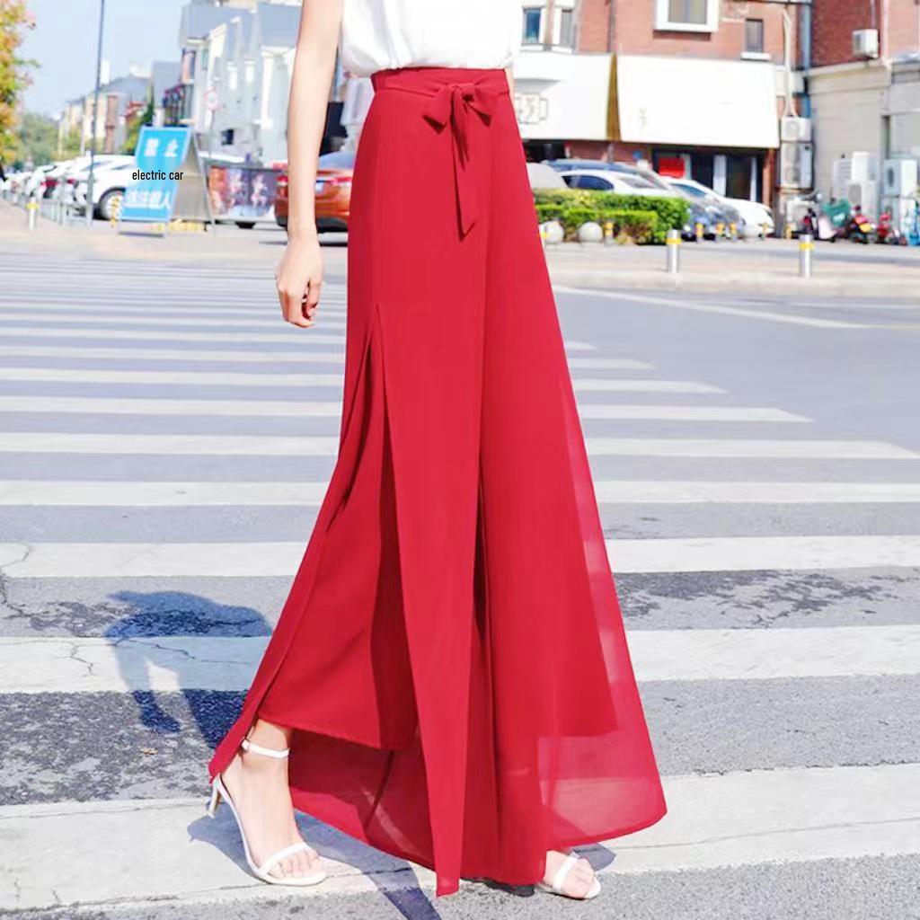 Women's High-Waist Chiffon Wide-Leg Summer Pants with Slit