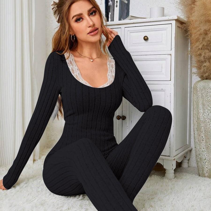 

2025 весна Жіночий бавовняний облягаючий термокомплект з довгими рукавами Жіночий піжамний набір Однотонне мереживо Жіноча термобілизна для сну S