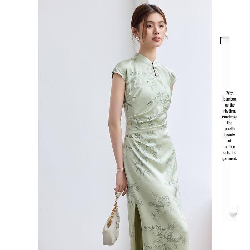 VICTORIA&VERA Summer New Chinese Style Emerald Green Bamboo Print Side Slit Cheongsam Dress