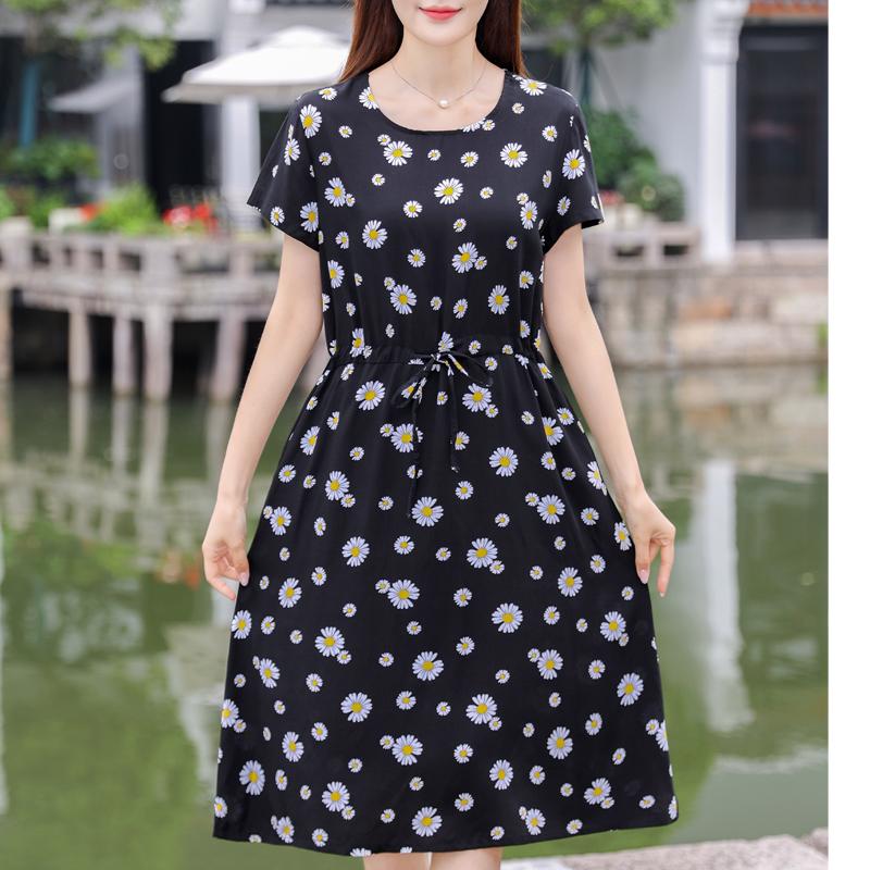 Letnia kobieta elegancka sukienka nowa dorywczo z krótkim rękawem ubrania w stylu koreańskim damska długa sukienka z nadrukiem w stylu vintage