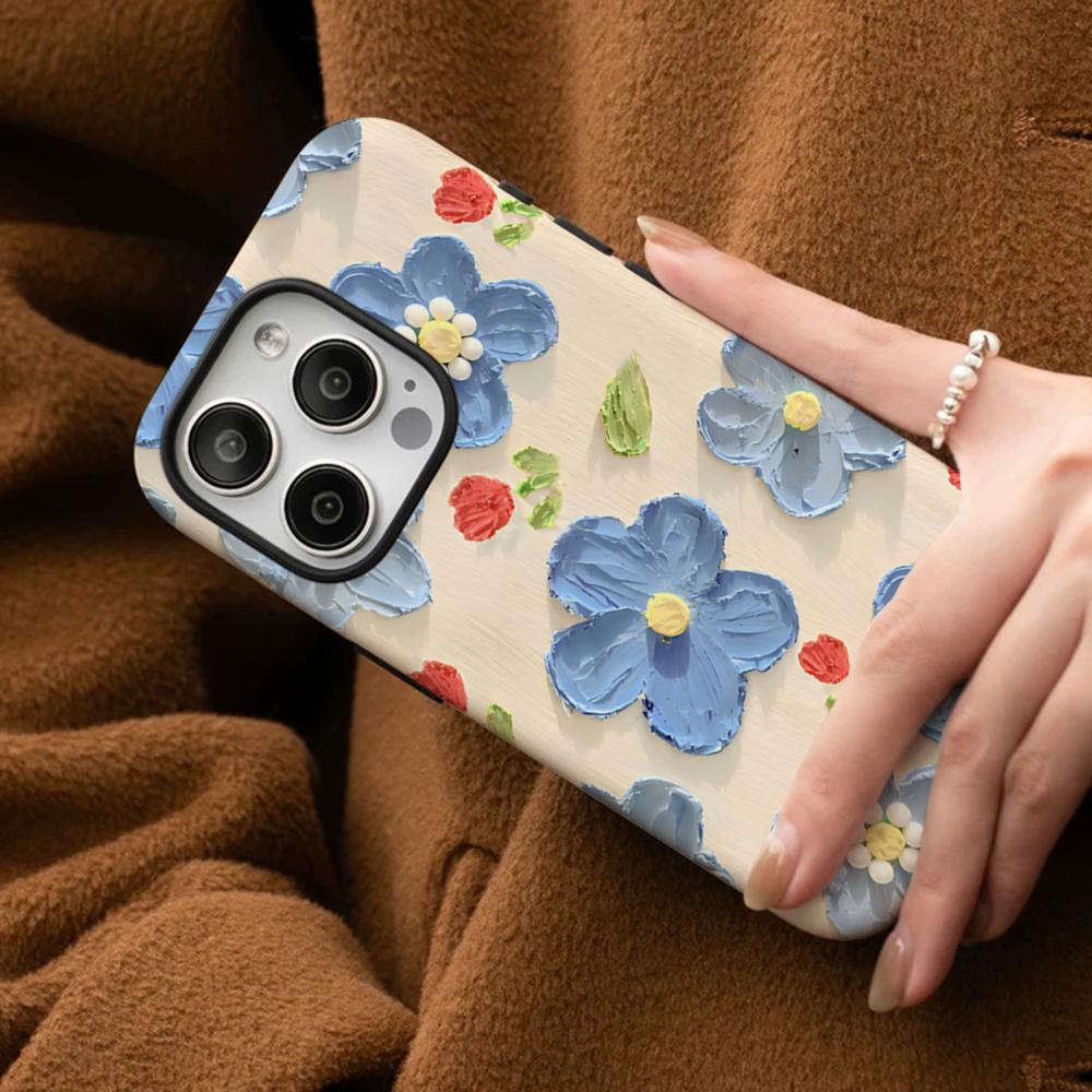 Retro Oil Painting Flowers Phone Case For IPhone 16 15 14 13 12 11 Pro Max Plus Samsung S24 S23 Ultra Glossy HD Hard PC Cover