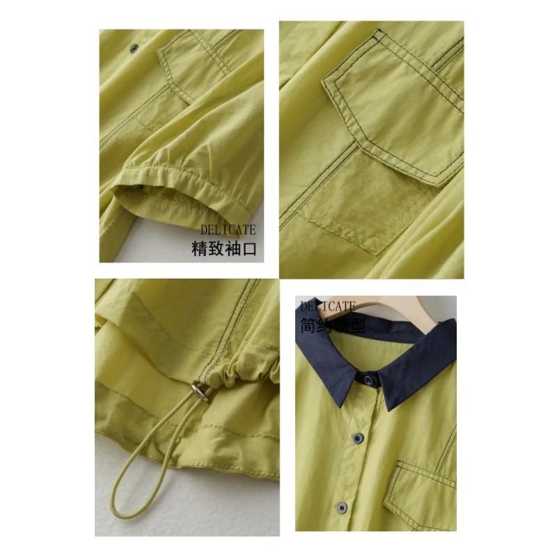 Women's Light Blue Color Block Collar Short Sleeve Button Down Shirt Casual Loose Blouse