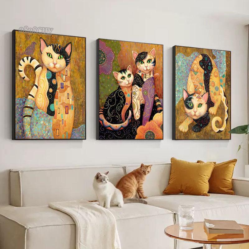 Abstract Gustav Klimt Style Cats Art Canvas Painting Cute Pet Cat Graffiti Art Posters and Prints Wall Art Pictures Home Decor
