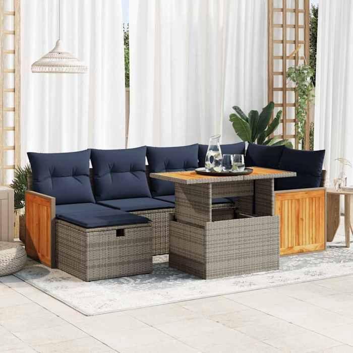 VidaXL Salon de jardin avec coussins 7 pcs gris résine tressée acacia 3328160