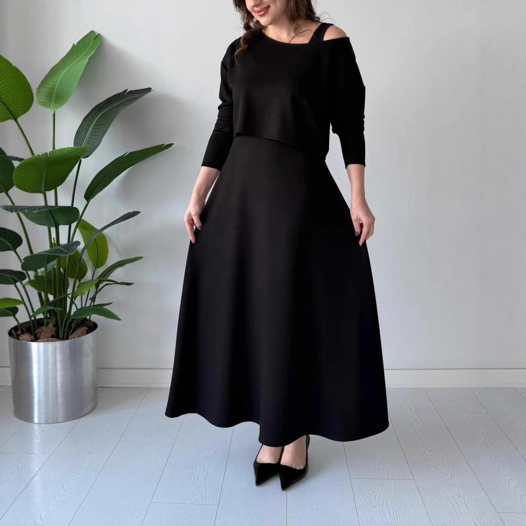 cross-border European and American autumn new single shoulder suspender slim-fit long-sleeved A-shaped long skirt slim-fit temperament women's