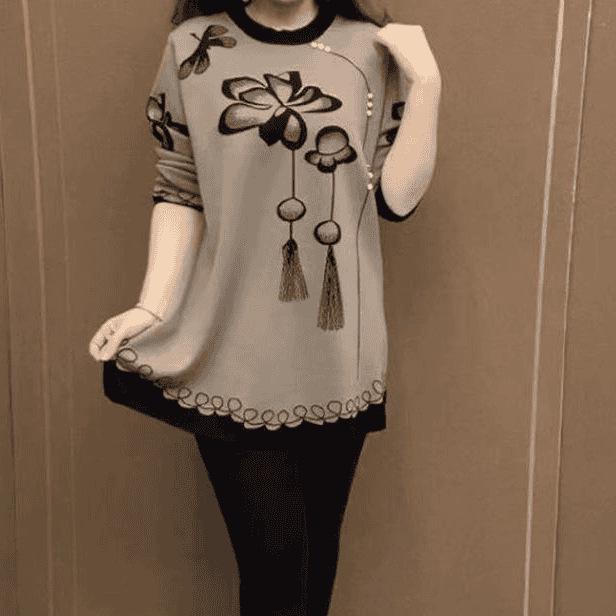 Stylish Floral Knitted Sweater for Middle-Aged & Elderly Women - Perfect for Spring & Autumn