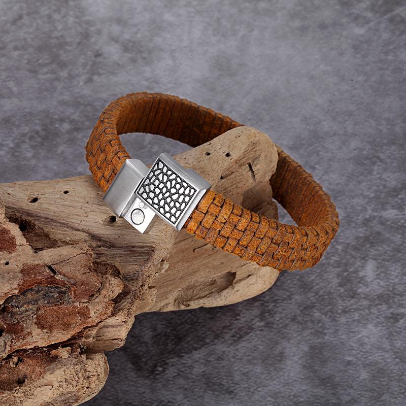 REPTILE LEATHER BRACELET   stainless steel reptile design bracelet with light brown woven genuine italian leather