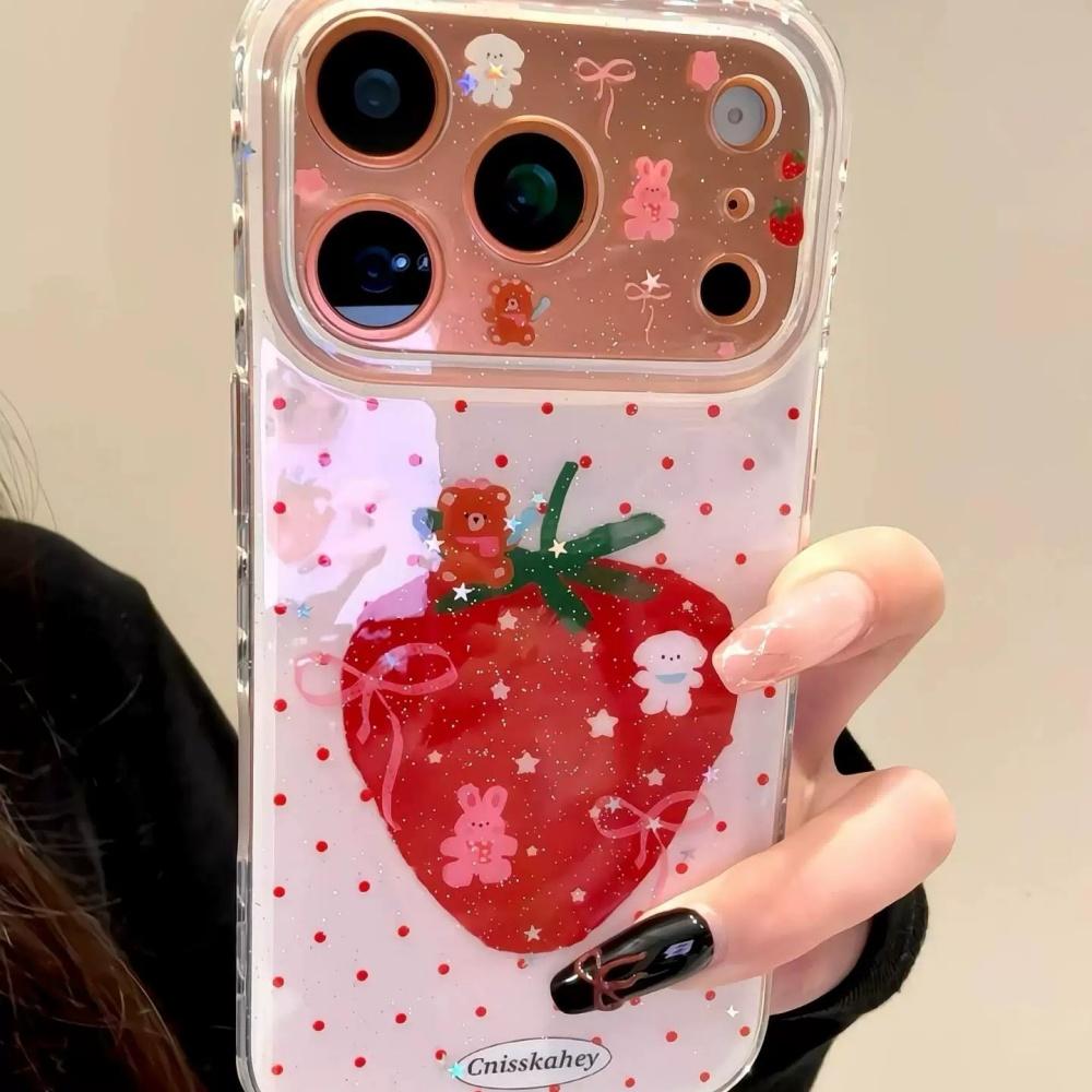 

Cute Red Polka Dot Strawberry Bow Animal iPhone 17 Case for iPhone 16 Pro Max 17 Pro 14 13 15 Double Layer Shockproof Cover iPhone 17promax