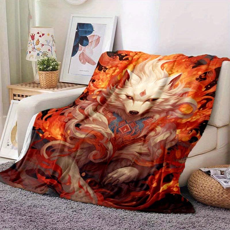 Fox Spirit Fire Demon Blanket Anime Mythical Creature Art Design Soft Fleece Throw Home Decor Gift For Anime Fans130x150