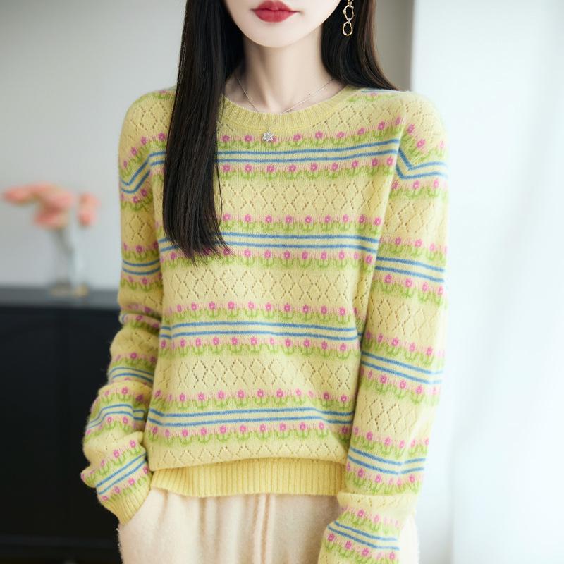 Women's 100% Wool Striped Round Neck Jacquard Knit Sweater with Long Sleeves