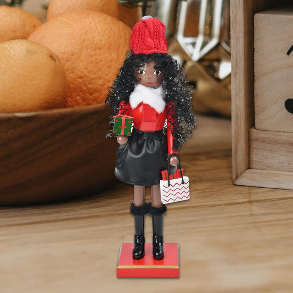 Christmas Shopping Lady Nutcrackers with Curly Hair Wood Figurine Decoration Ornament for Festival Home Tabletop Decors