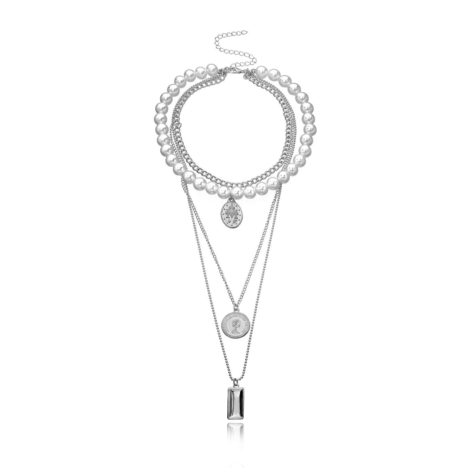 

Jewelry, pearl round brand beauty head pendant necklace, trend temperament versatile multi-layer necklace срібний