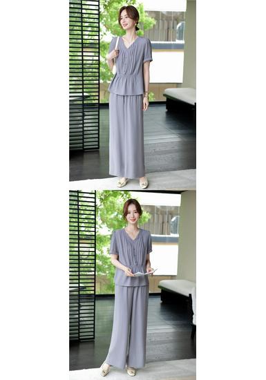 Elegant Mother's Summer Outfit: Dignified Short-Sleeve Top & Wide-Leg Pants Set for Middle-Aged & Elderly Women