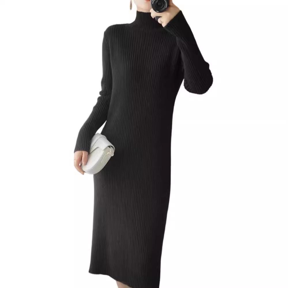 Women's Mid-Length Woolen Sweater Dress - Half-High Neck, Warm Knit Base Layer for Autumn & Winter