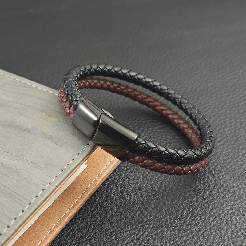 Men's Leather Bracelet with Double Tone Magnetic Buckle, High-quality Woven Bracelet Customized Handmade Accessories Wholesale