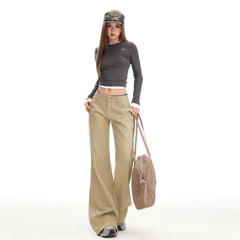 

Khaki Micro-Flare Non-Skinny Low-Rise Slimming Jeans for Women - American Retro Style Long Pants Large