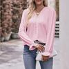 Women's Fashion Solid Color V-neck Long Sleeved Pullover T-shirt Top